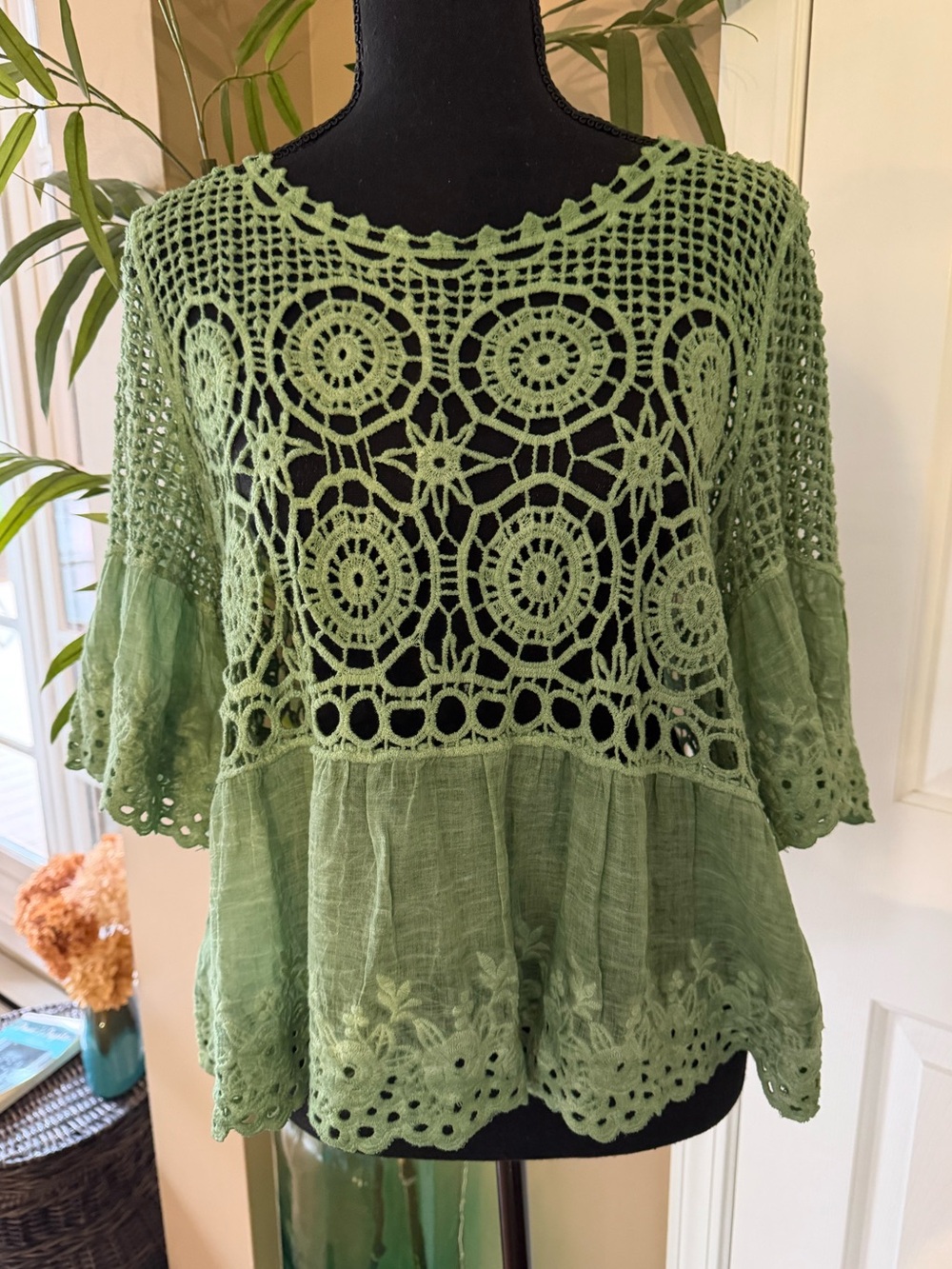NWOT Rebellion Sage Green Crochet Tunic